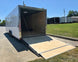 8.5x28 Flat Nose White Enclosed Trailer Roll Out Awning with AC Unit (2) 5,200LB Axles Left Rear Ramp Down
