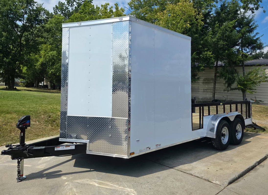 7x18 Hybrid Enclosed White with Alum Trim and Open Deck (2) 5200LB Axles Front Left