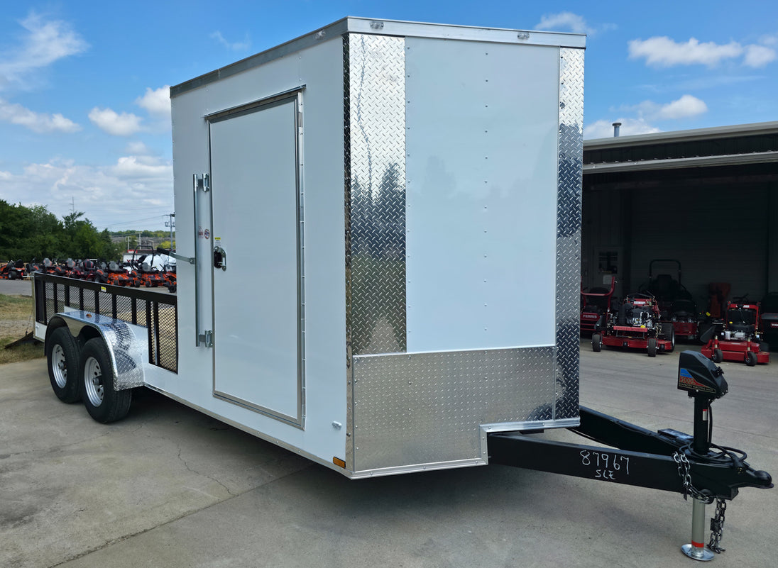 7x18 Hybrid Enclosed White with Alum Trim and Open Deck (2) 5200LB Axles Front Right 