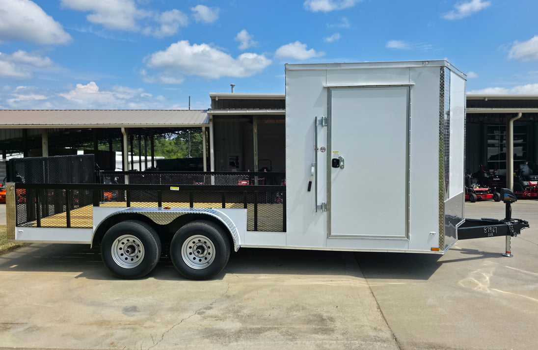 7x18 Hybrid Enclosed White with Alum Trim and Open Deck (2) 5200LB Axles Right Side