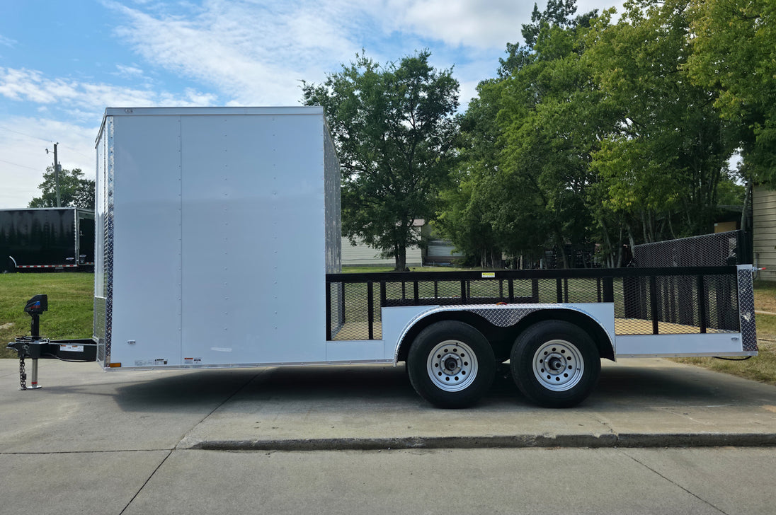 7x18 Hybrid Enclosed White with Alum Trim and Open Deck (2) 5200LB Axles Left Side