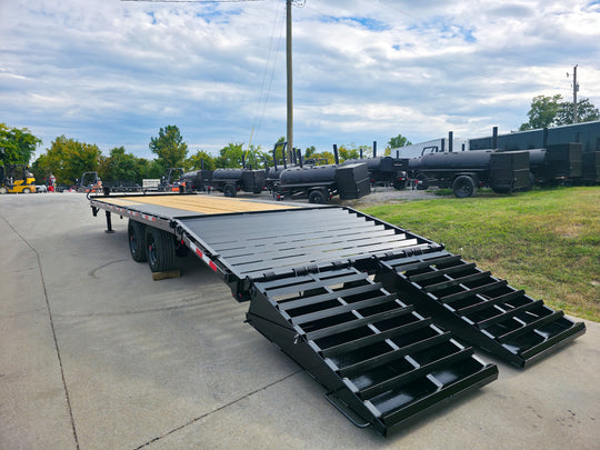 8.5x25 IBeam Deckover Dovetail Trailer (2) 10K Axles King Kong Ramps 20K GVWR Left Rear Ramp Down