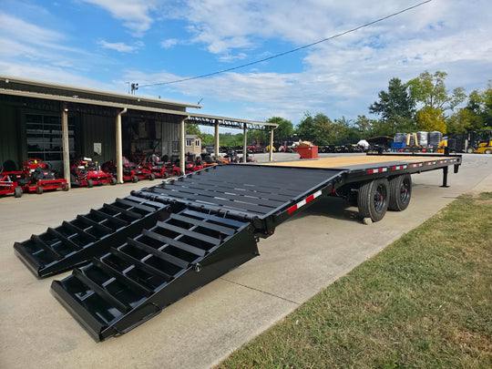 8.5x25 IBeam Deckover Dovetail Trailer (2) 10K Axles King Kong Ramps 20K GVWR Right Rear Ramp Down