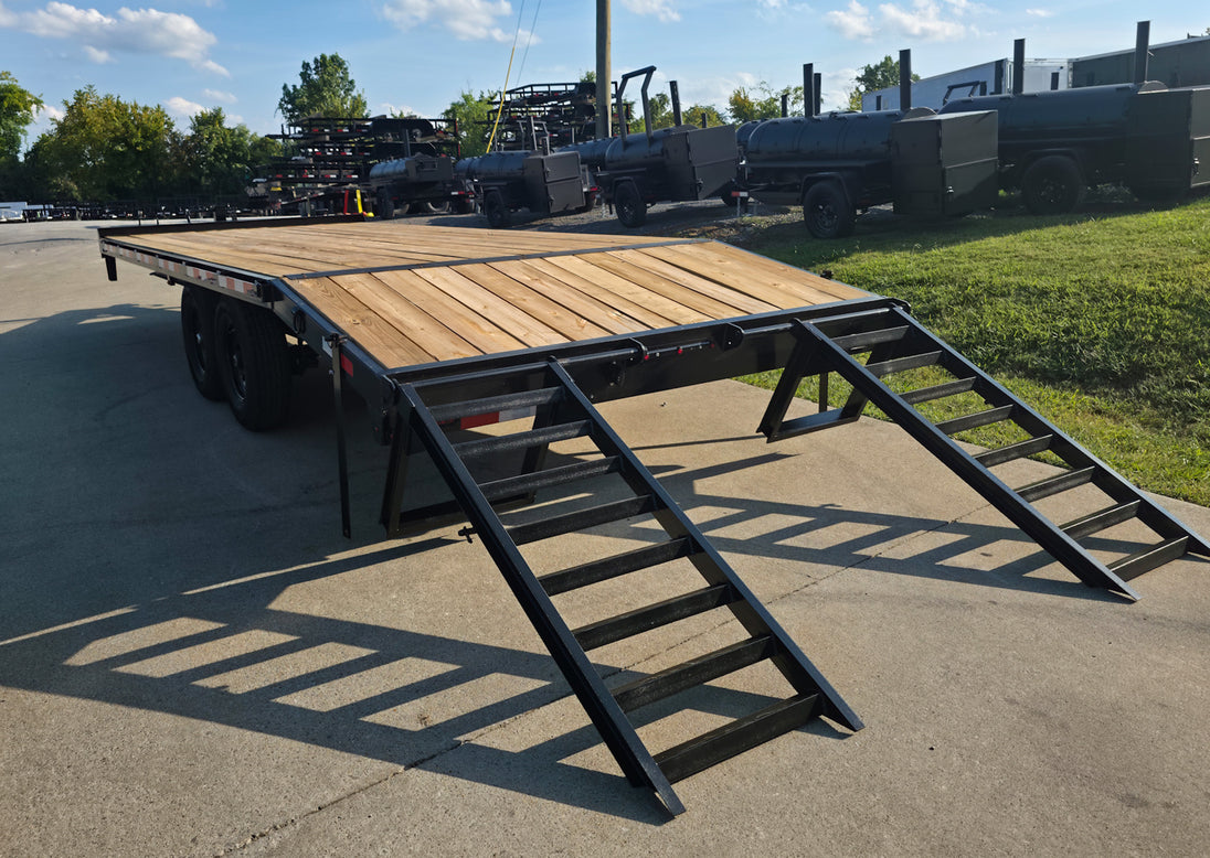 8.5x22 I - Beam Deckover Trailer (2) 7K Axles Stand - Up Ramps 14k GVWR - SLE Equipment - 15