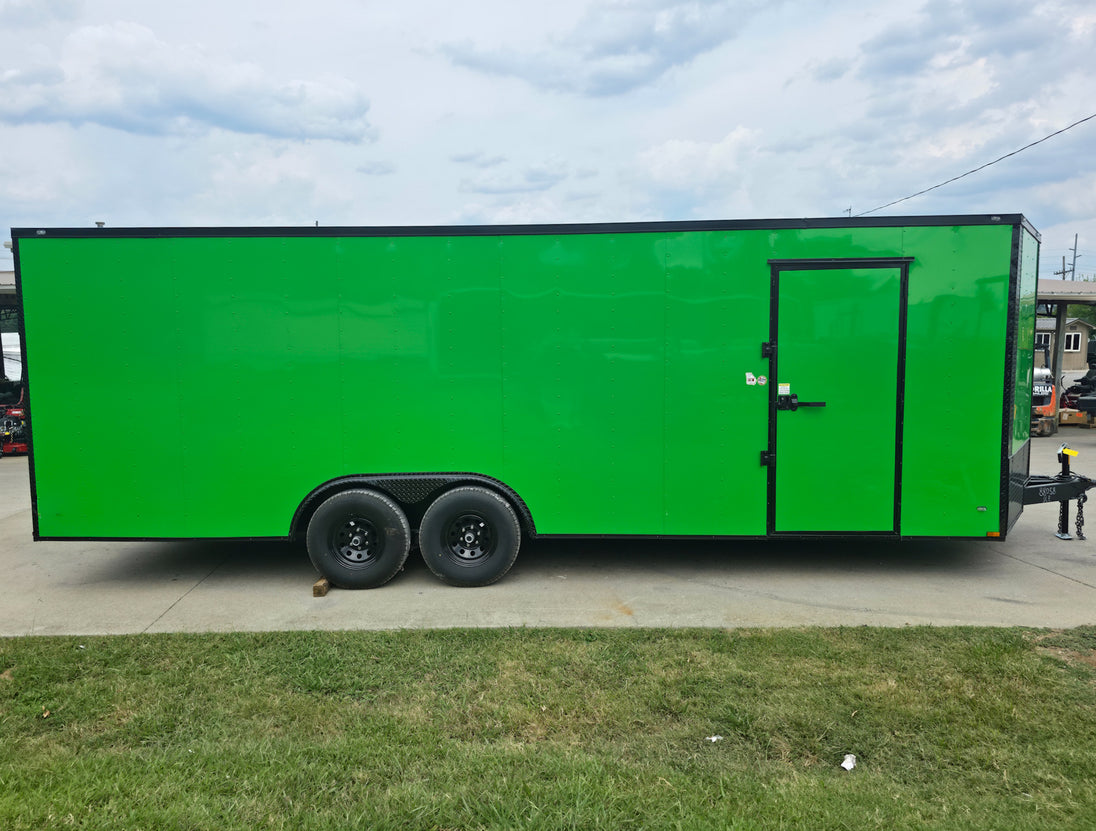 8.5x24 V Nose Neon Green Enclosed Trailer (2) 5200 LB Axles With Brakes 7 Ft Interior Height With Black Out Package Right Side