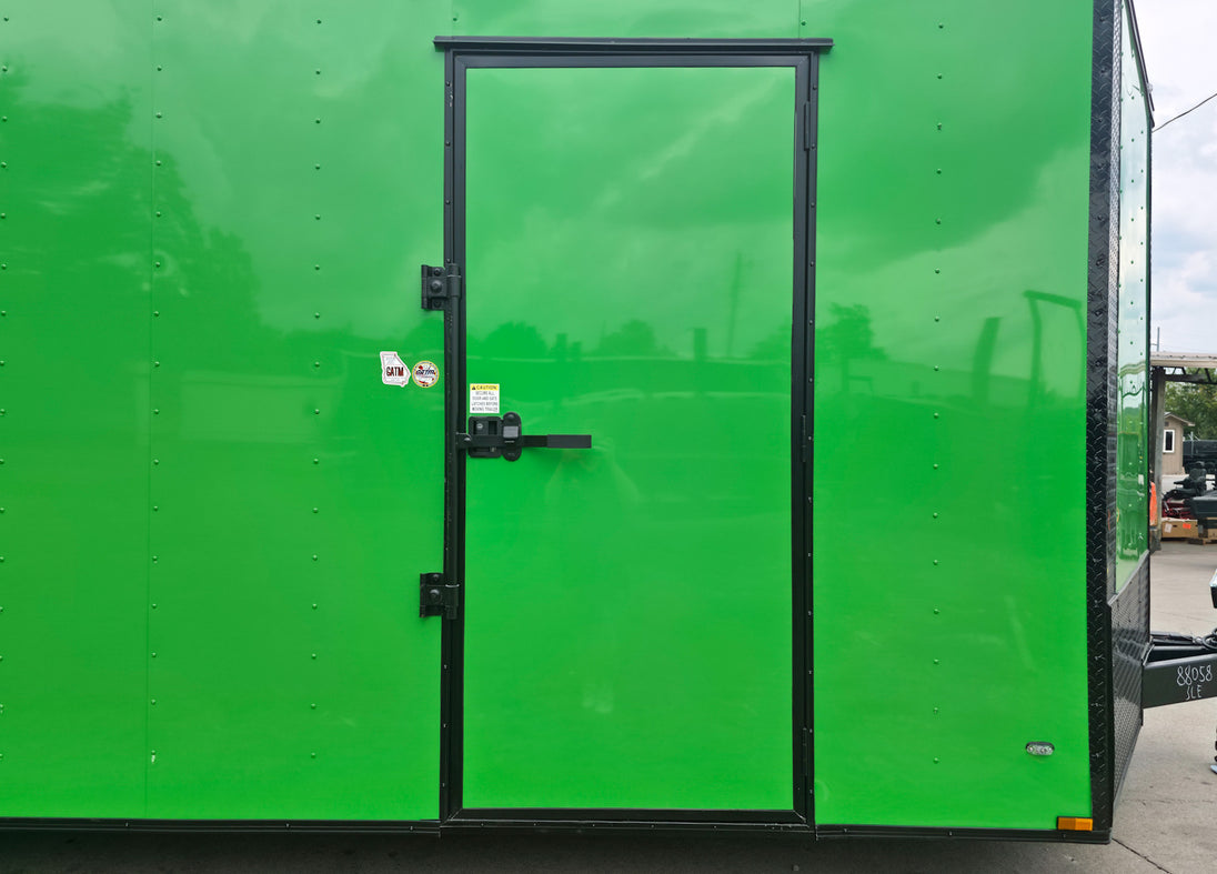 8.5x24 V Nose Neon Green Enclosed Trailer (2) 5200 LB Axles With Brakes 7 Ft Interior Height With Black Out Package Side Door