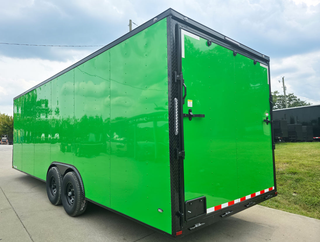 8.5x24 V Nose Neon Green Enclosed Trailer (2) 5200 LB Axles With Brakes 7 Ft Interior Height With Black Out Package Left Rear