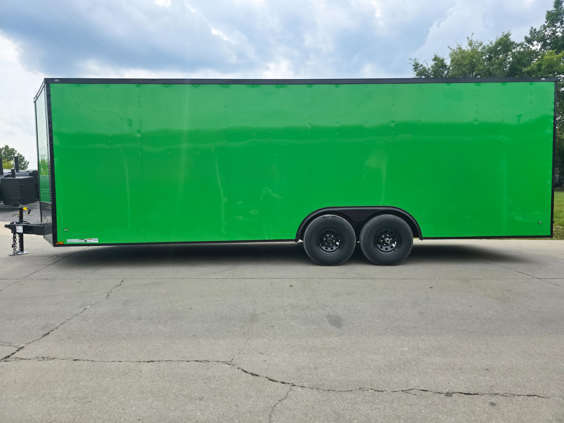 8.5x24 V Nose Neon Green Enclosed Trailer (2) 5200 LB Axles With Brakes 7 Ft Interior Height With Black Out Package Left Side