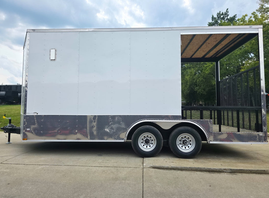 8.5x18 White Enclosed Hybrid with Rear Roof (2) 5200LB Axles Left Side