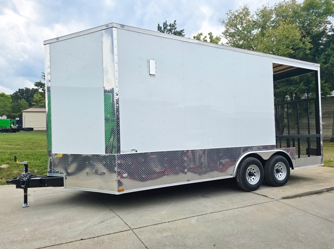 8.5x18 White Enclosed Hybrid with Rear Roof (2) 5200LB Axles Front Left Side