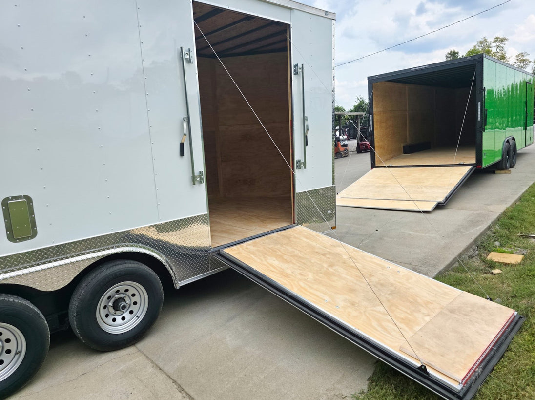 8.5x18 White Enclosed Hybrid with Rear Roof (2) 5200LB Axles Side Ramp Down