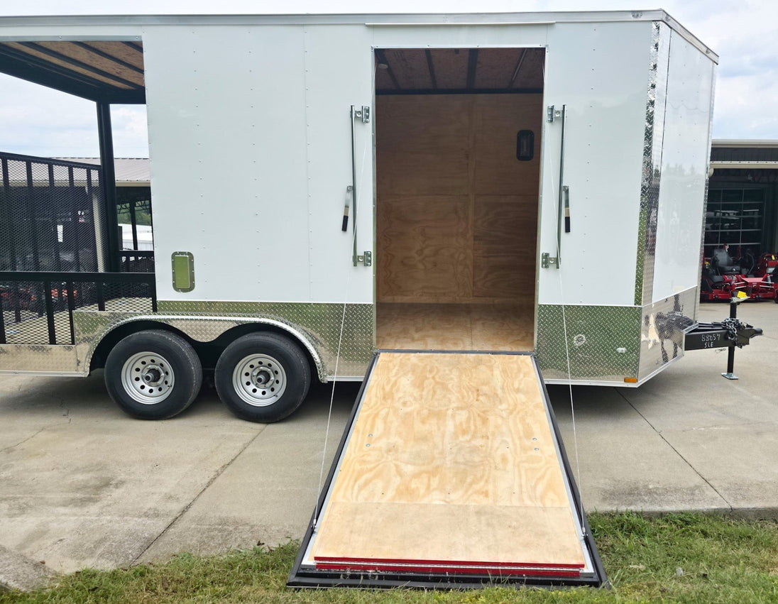 8.5x18 White Enclosed Hybrid with Rear Roof (2) 5200LB Axles Side Ramp Down