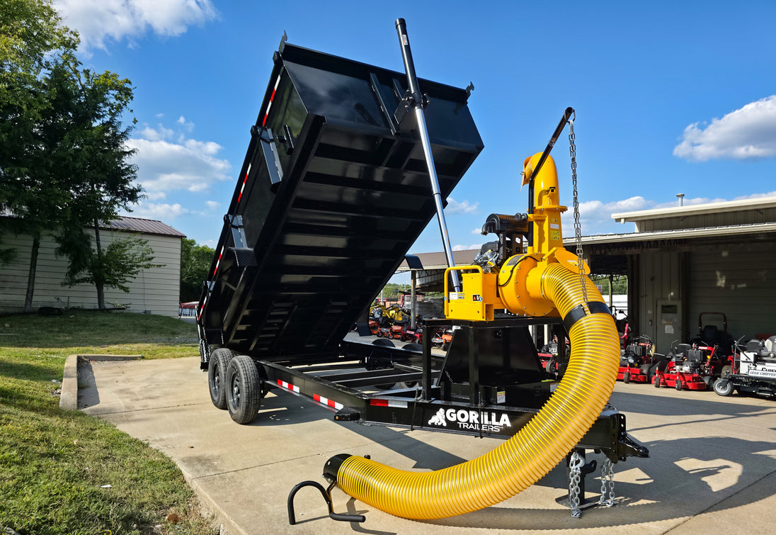 7x16x3 Gorilla Telescopic Dump Trailer 14k GVWR with Turf One Debri Loader 21HP V-Twin Front Right Side
