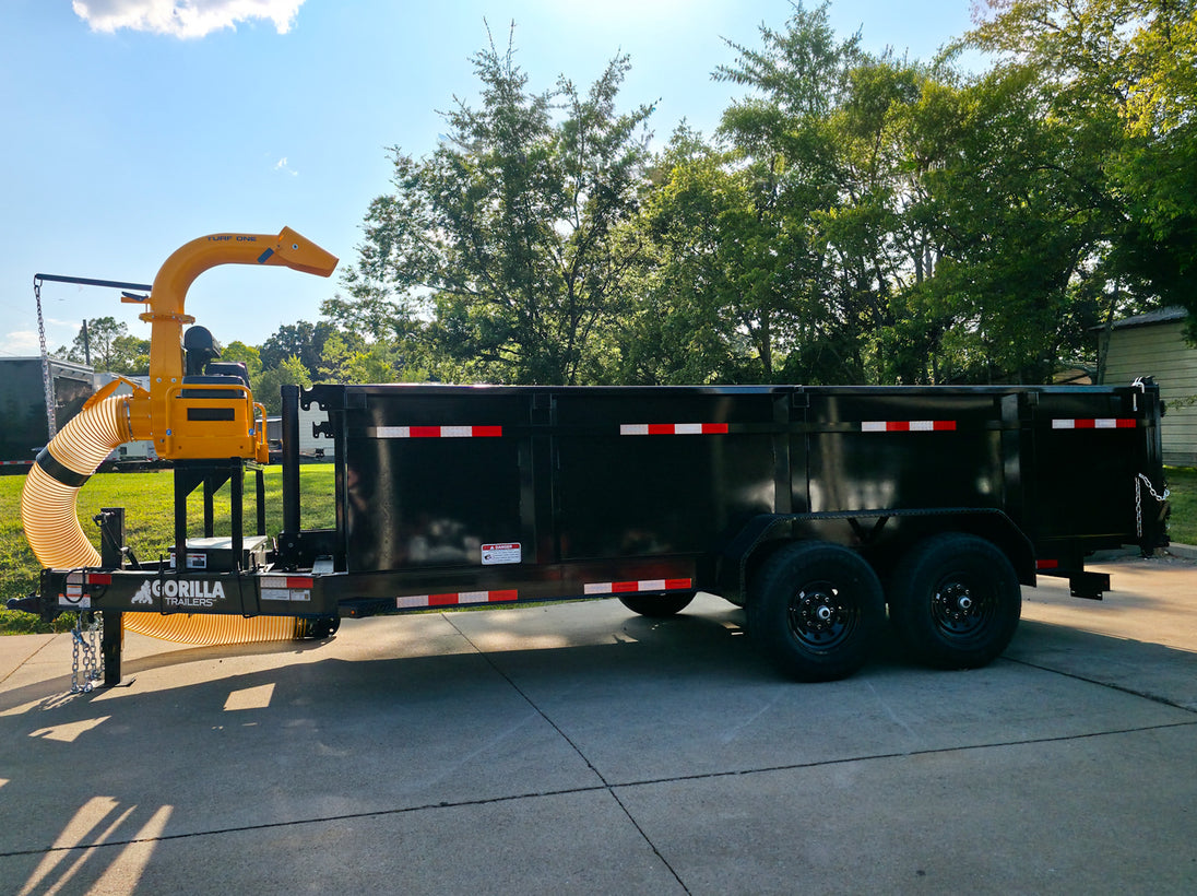 7x16x3 Gorilla Telescopic Dump Trailer 14k GVWR with Turf One Debri Loader 21HP V-Twin Left Side
