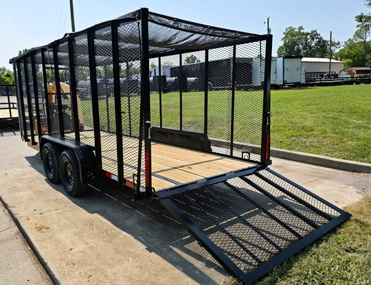 6.4x18 Debris Leaf Junk Trash Removal Cage Trailer with 21HP Loader 7K GVWR Left Rear Gate Down
