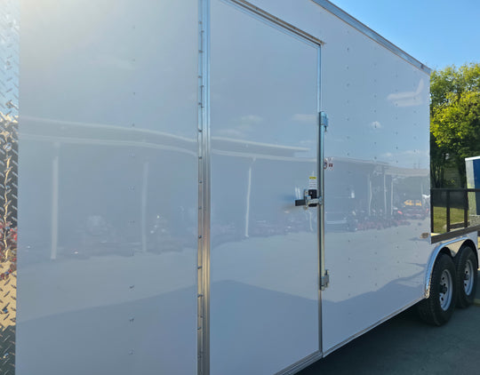 8.5x24 White Enclosed Hybrid with Side Ladder Racks (2) 7,000lb Axles Side Door