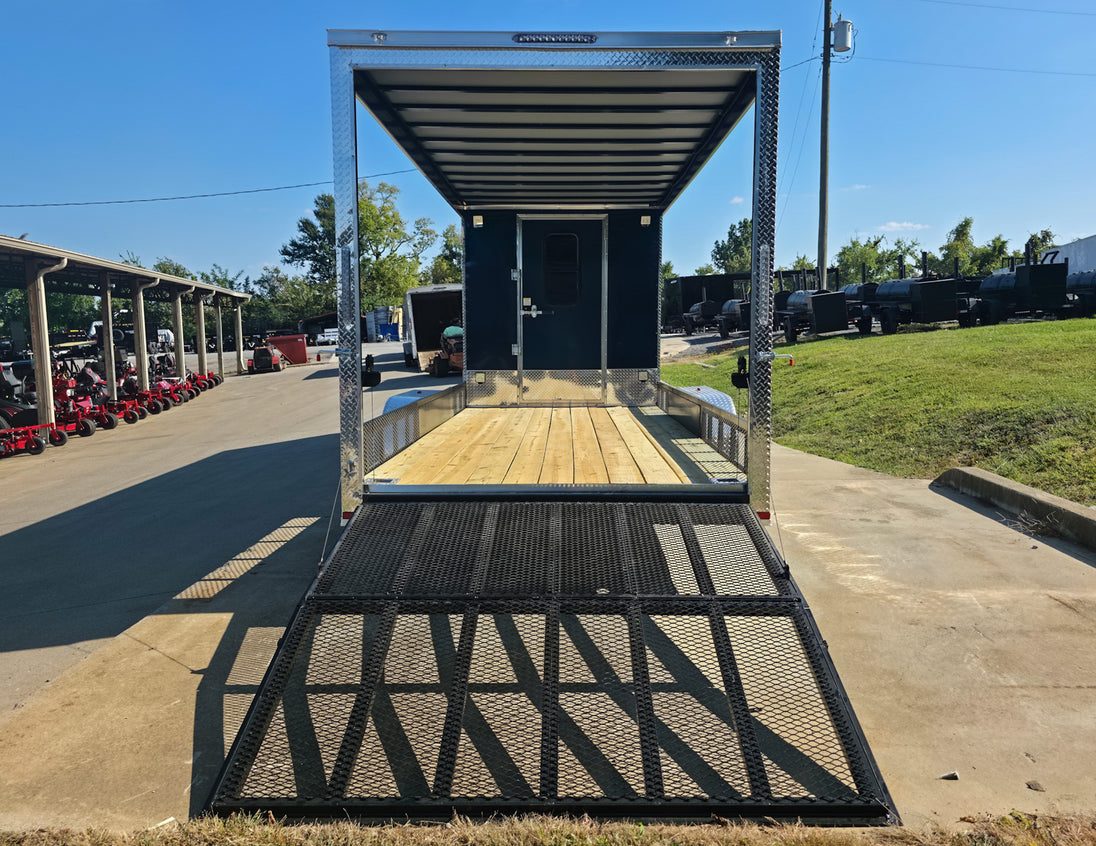 7x24 Indigo Blue Hybrid Enclosed Trailer (2) 5200LB  Axles Rear Gate Open