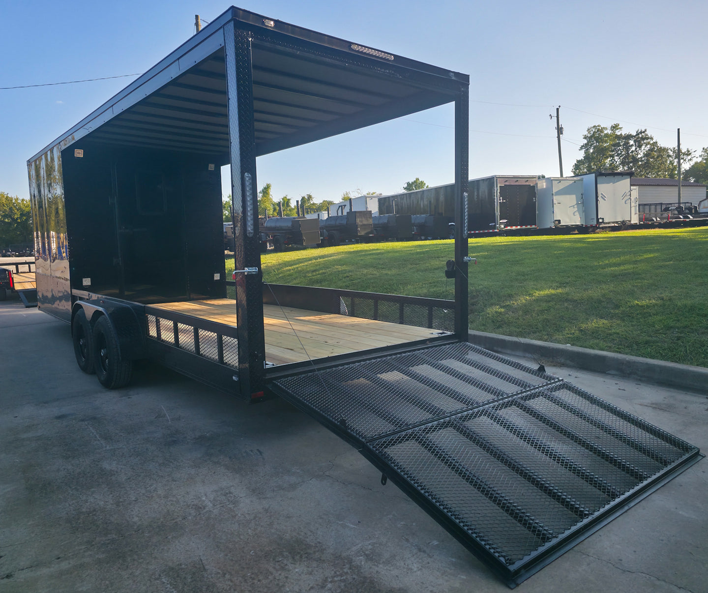 7x24 Black Hybrid Enclosed Trailer Aluminum Trim (2) 5200lb Axles Rear Left Side Gate Down