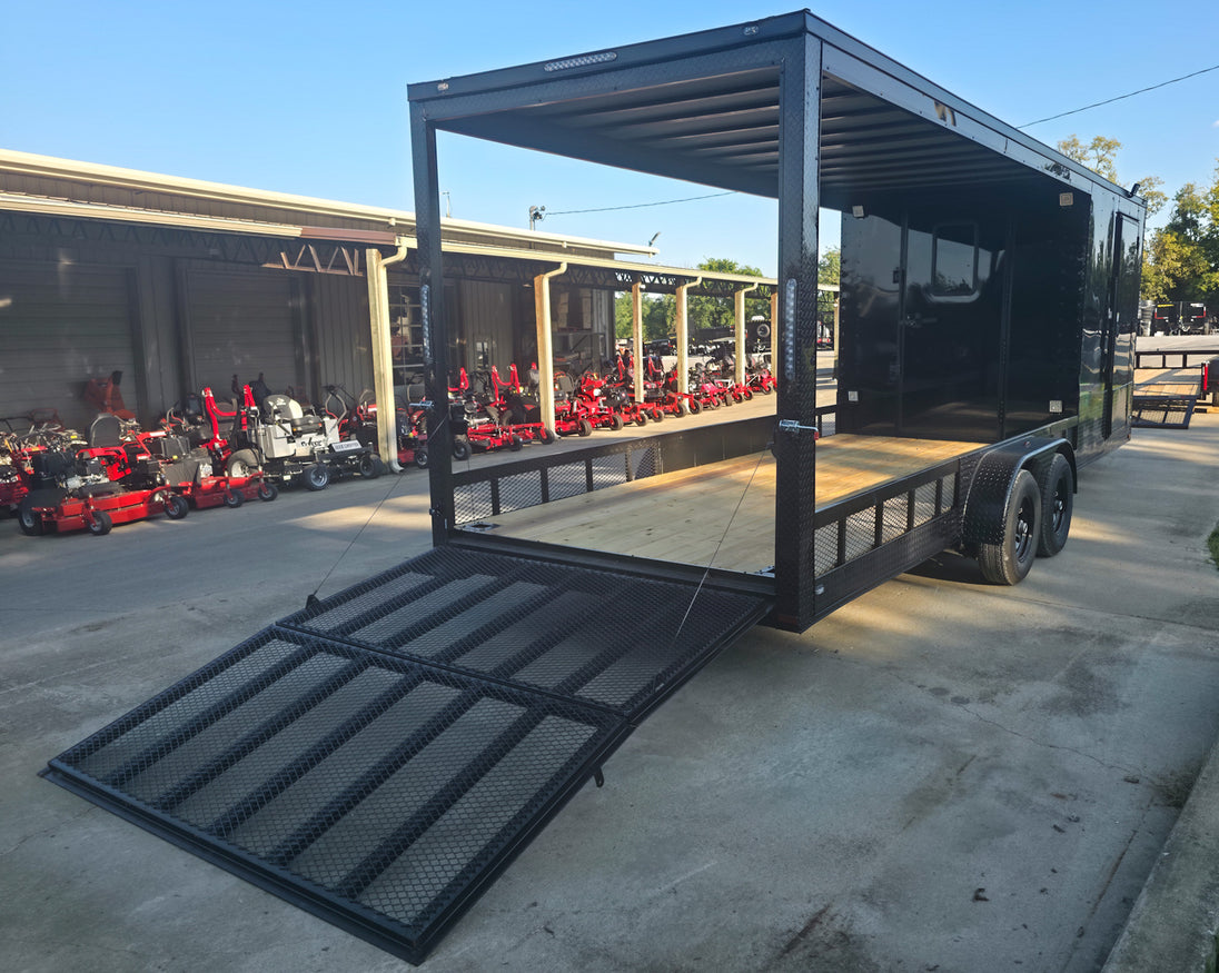 7x24 Black Hybrid Enclosed Trailer Aluminum Trim (2) 5200lb Axles Rear Right Gate Down 