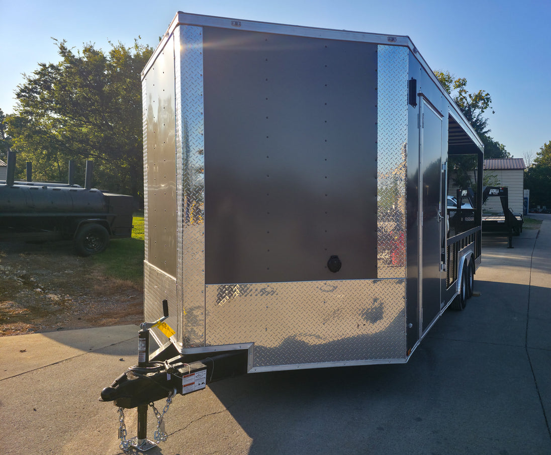 8.5x20 Charcoal Enclosed Hybrid Trailer with Gullwing (2) 3,500lb Axles Front Left 