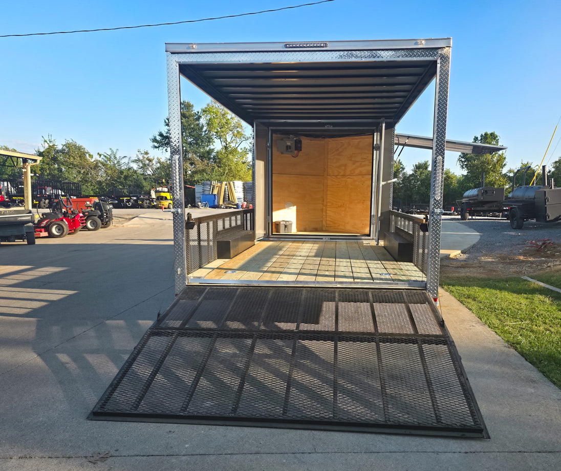 8.5x20 Charcoal Enclosed Hybrid Trailer with Gullwing (2) 3,500lb Axles Rear Gate Down