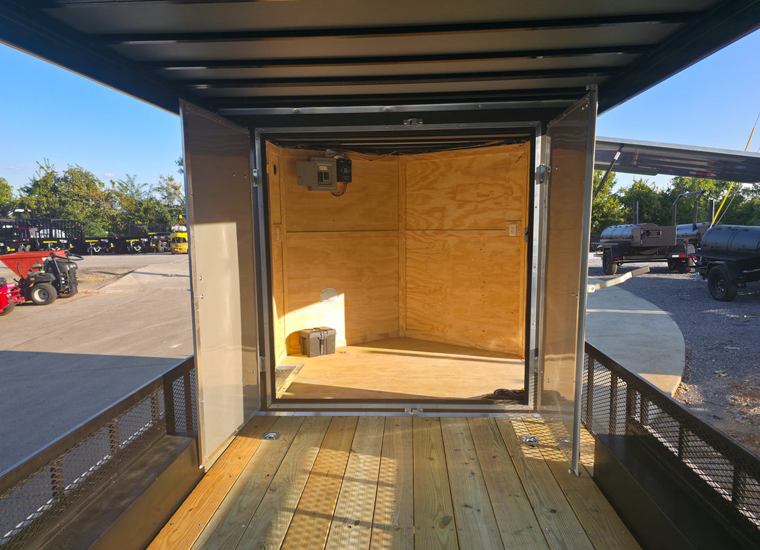 8.5x20 Charcoal Enclosed Hybrid Trailer with Gullwing (2) 3,500lb Axles Rear Doors Open