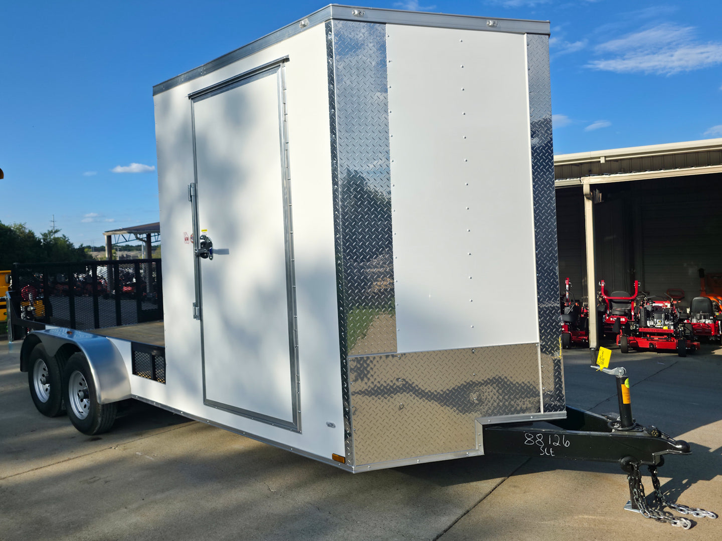 7x18 White Hybrid V Nose Trailer with 1' Mesh Siding (2) 5,200lb Axles Front Right
