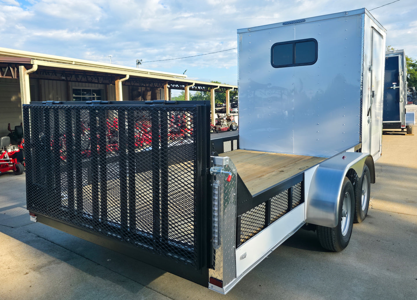 7x18 White Hybrid V Nose Trailer with 1' Mesh Siding (2) 5,200lb Axles Back Right