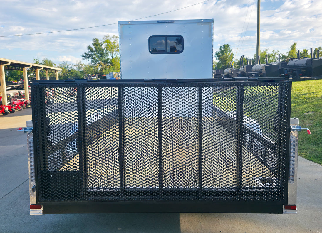 7x18 White Hybrid V Nose Trailer with 1' Mesh Siding (2) 5,200lb Axles Rear View with Gate
