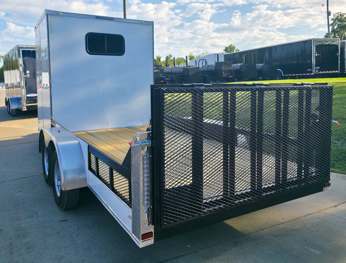 7x18 White Hybrid V Nose Trailer with 1' Mesh Siding (2) 5,200lb Axles Back Left