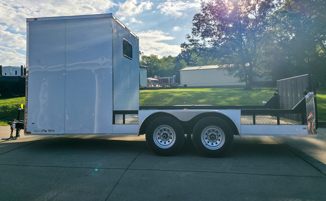 7x18 White Hybrid V Nose Trailer with 1' Mesh Siding (2) 5,200lb Axles Left Side