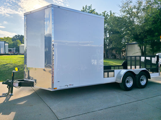 7x18 White Hybrid V Nose Trailer with 1' Mesh Siding (2) 5,200lb Axles Left Front