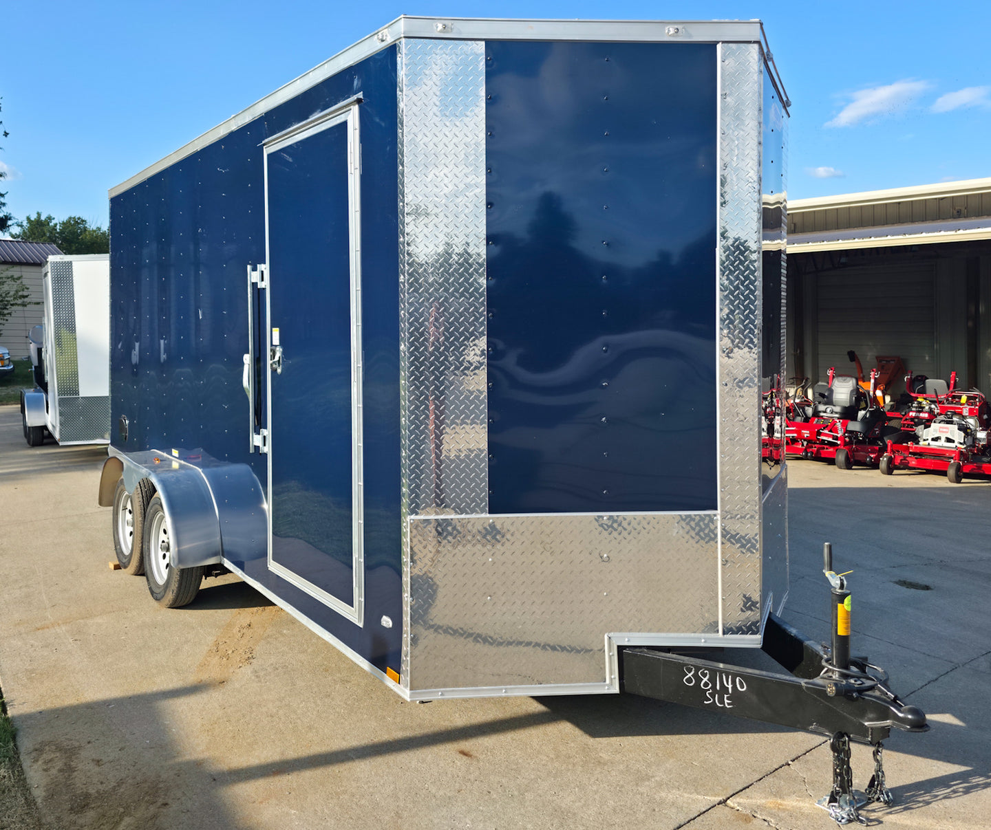 7x16x7 Indigo Blue Enclosed Trailer (2) 3500LB Axles Side View of Nose
