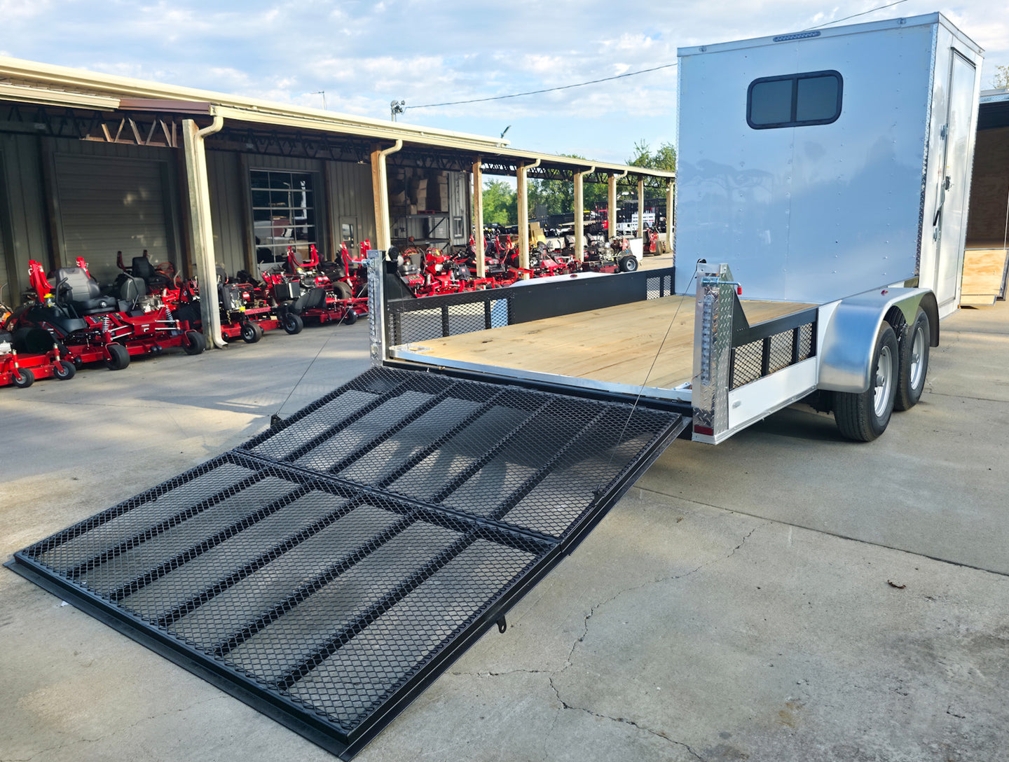 7x18 White Hybrid V Nose Trailer with 1' Mesh Siding (2) 5,200lb Axles Gate Down