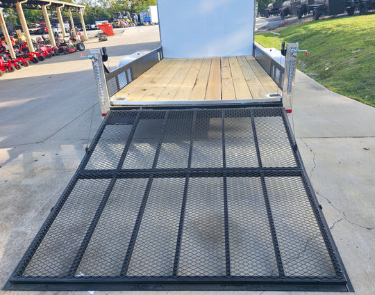 7x18 White Hybrid V Nose Trailer with 1' Mesh Siding (2) 5,200lb Axles Rear Gate Down