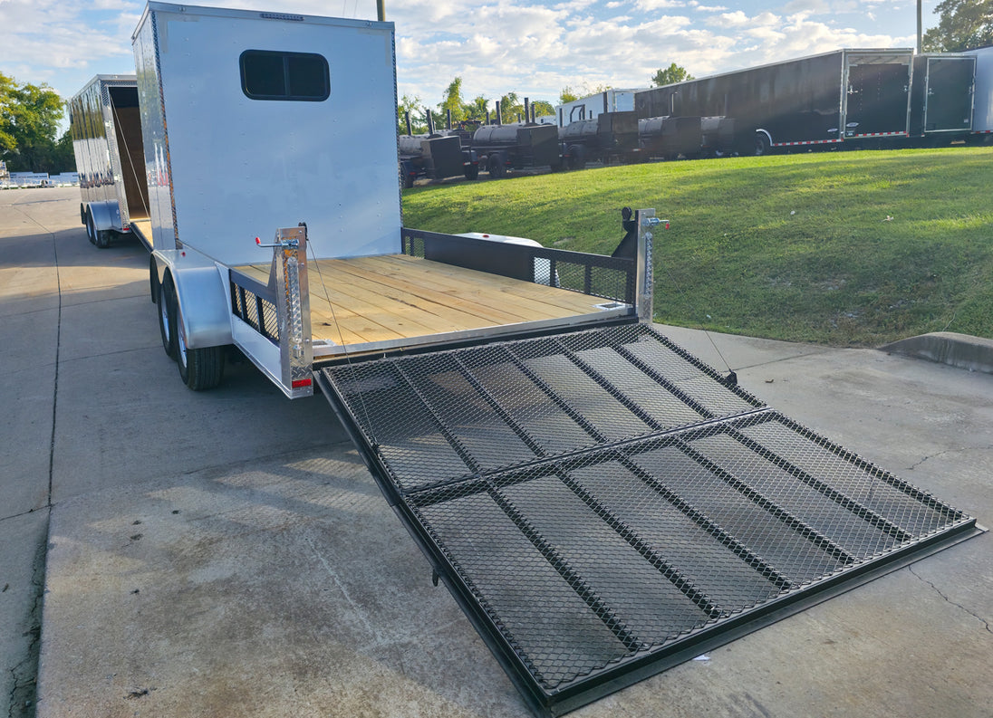7x18 White Hybrid V Nose Trailer with 1' Mesh Siding (2) 5,200lb Axles Left Rear Gate Down