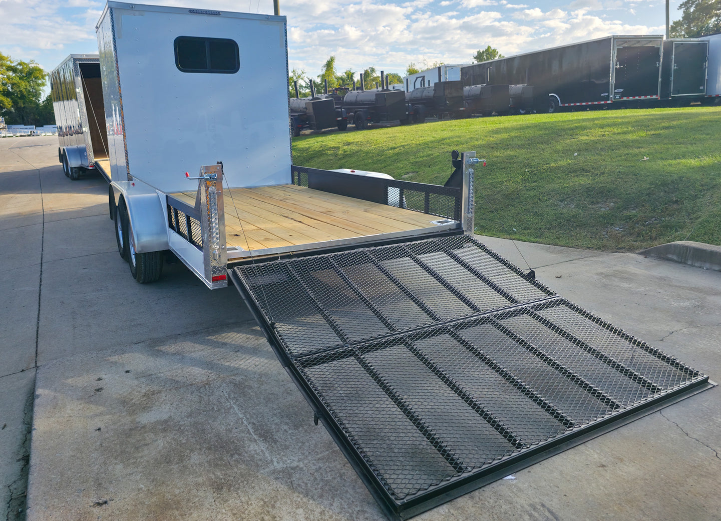 7x18 White Hybrid V Nose Trailer with 1' Mesh Siding (2) 5,200lb Axles Left Rear Gate Down