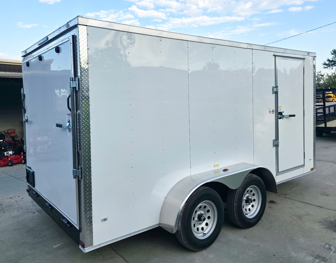7x14x7 Enclosed Trailer White Flat Nose (2) 3500lb Axle Right Rear 