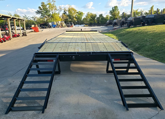 8.5x24 Deckover I-Beam Trailer Stand-Up Ramps (2) 5,200lb Axles Rear Ramps Down