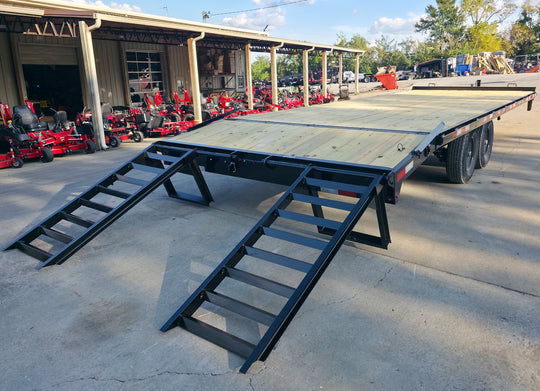 8.5x24 Deckover I-Beam Trailer Stand-Up Ramps (2) 5,200lb Axles Right Rear Ramps Down 