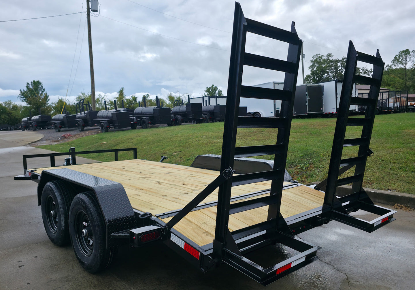 7x14 IBeam Equipment Trailer (2) 6000lb Axles with Stand-Up Ramps 8K GVWR Rear Left