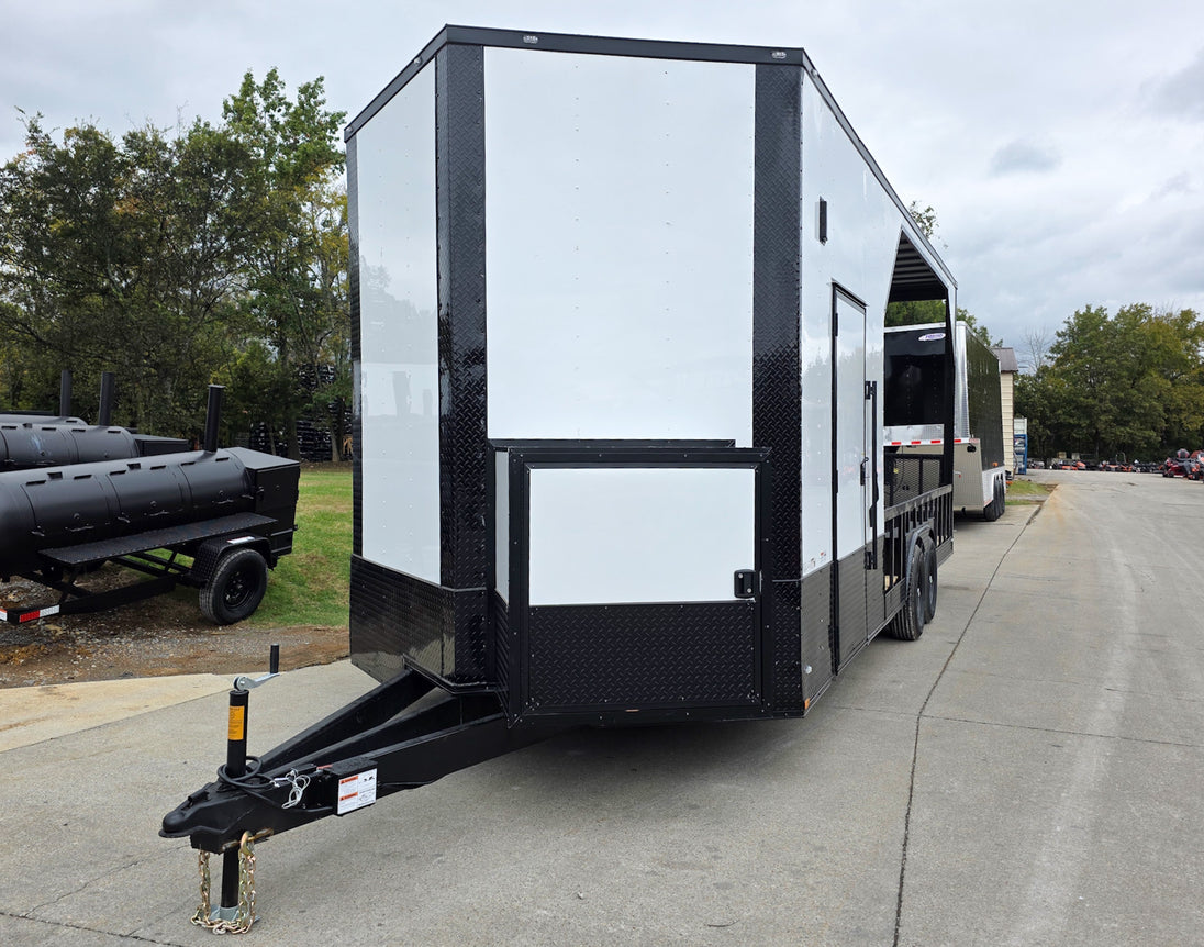 8.5x24 White Hybrid Trailer w/ Roof Covered Rear Deck 9' Interior (2) 7,000lb Axles Front Left 