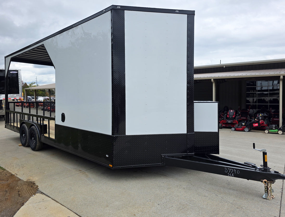 8.5x24 White Hybrid Trailer w/ Roof Covered Rear Deck 9' Interior (2) 7,000lb Axles Front Right Side 