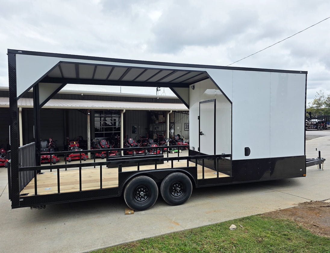 8.5x24 White Hybrid Trailer w/ Roof Covered Rear Deck 9' Interior (2) 7,000lb Axles Right Side 