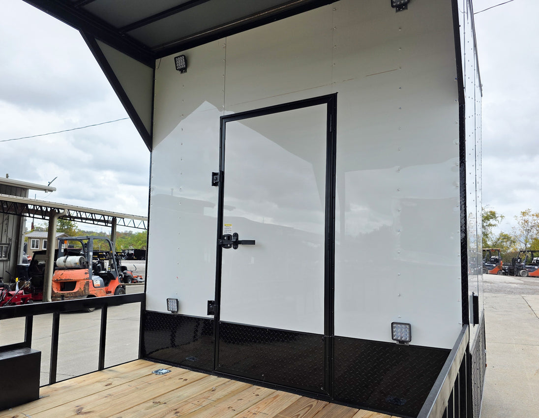 8.5x24 White Hybrid Trailer w/ Roof Covered Rear Deck 9' Interior (2) 7,000lb Axles Spot Lights