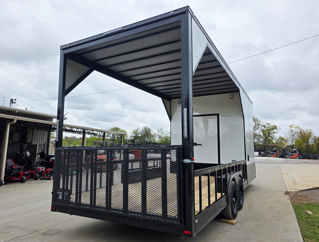 8.5x24 White Hybrid Trailer w/ Roof Covered Rear Deck 9' Interior (2) 7,000lb Axles Right Rear Gate Up