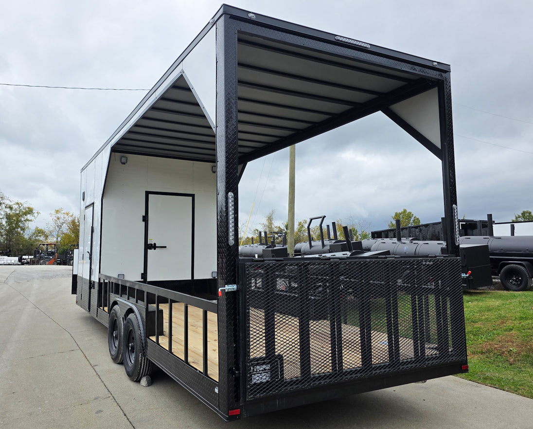 8.5x24 White Hybrid Trailer w/ Roof Covered Rear Deck 9' Interior (2) 7,000lb Axles Rear Left Side Gate Up