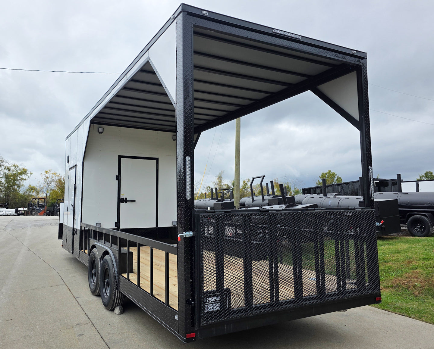 8.5x24 White Hybrid Trailer w/ Roof Covered Rear Deck 9' Interior (2) 7,000lb Axles Rear Left Side Gate Up