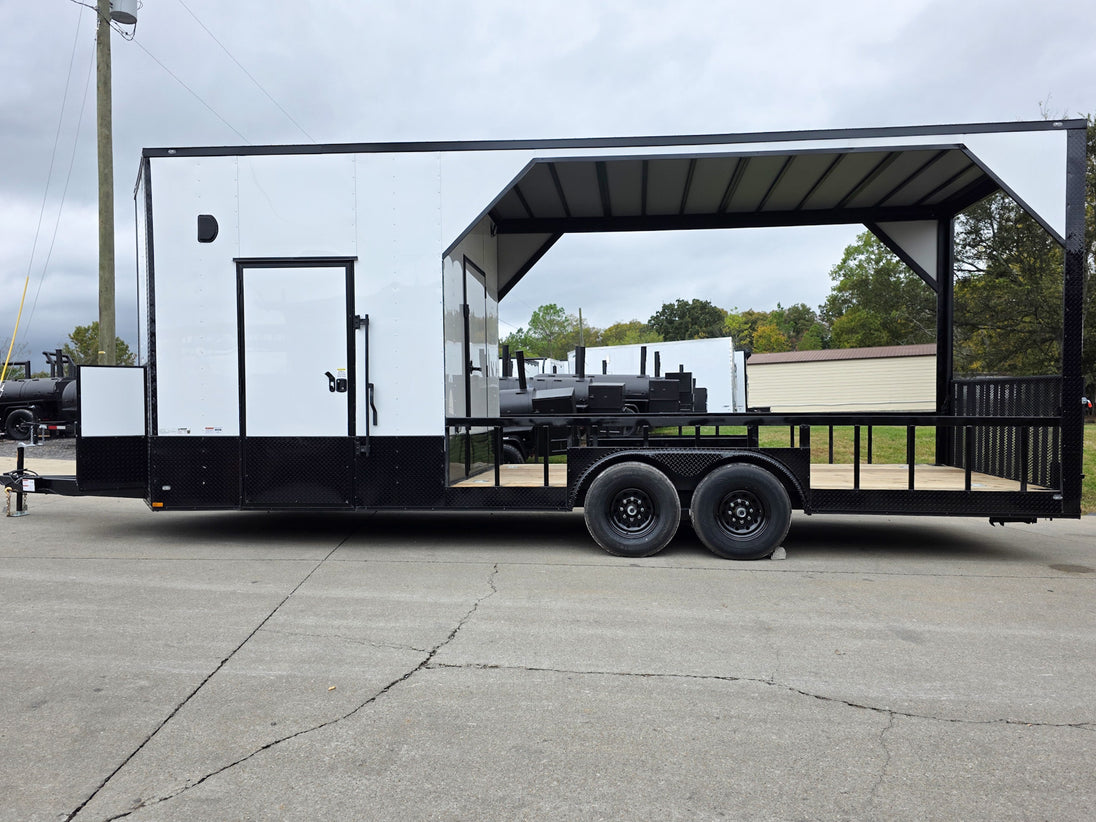 8.5x24 White Hybrid Trailer w/ Roof Covered Rear Deck 9' Interior (2) 7,000lb Axles Left Side 