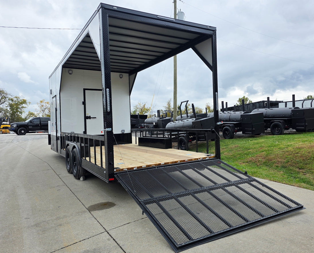 8.5x24 White Hybrid Trailer w/ Roof Covered Rear Deck 9' Interior (2) 7,000lb Axles Rear Left Side Gate Down